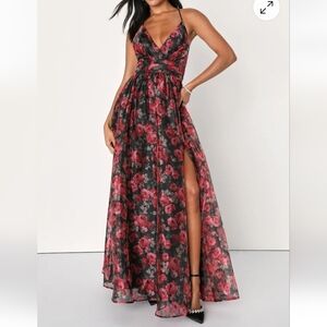 New Lulus Simply Divine Black And Red Floral Print Organza Maxi Dress Size Small